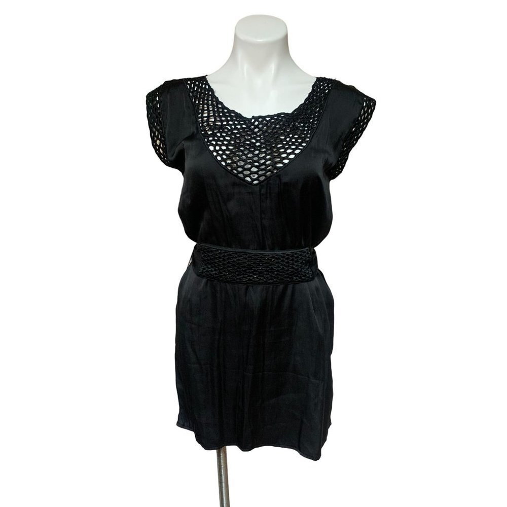 Luluvia Beaded Crochet Black Satin Cocktail Dress Small Matching Belt 1920s